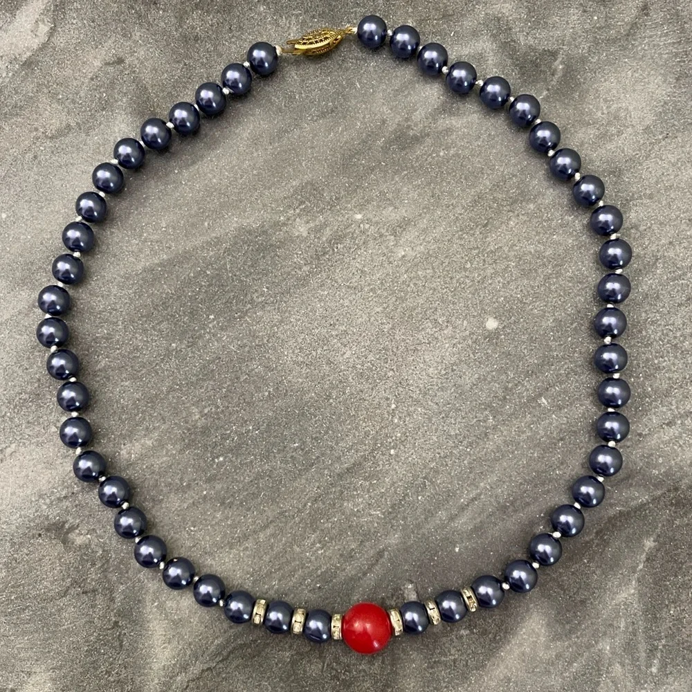 Vintage Blue Pearl Red Gemstone Beaded Necklace